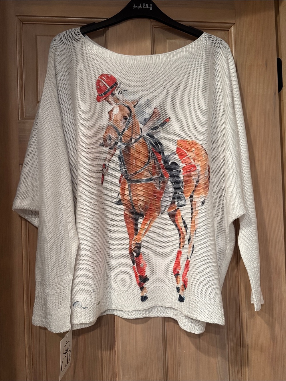 Cream Lightweight Knit Sweater with Horse Graphic - Women